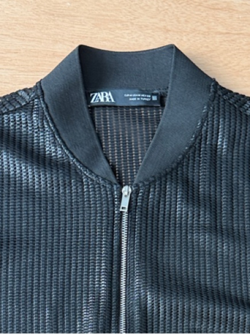 Zara Black Textured Sheer Zip Bomber Jacket